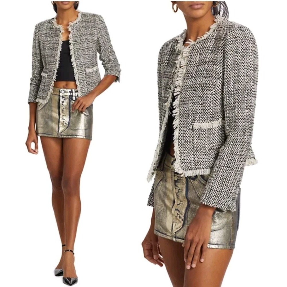 L'Agence Angelina Metallic Shimmering Tweed with Fringed Trim Blazer Sz 2‎ $795